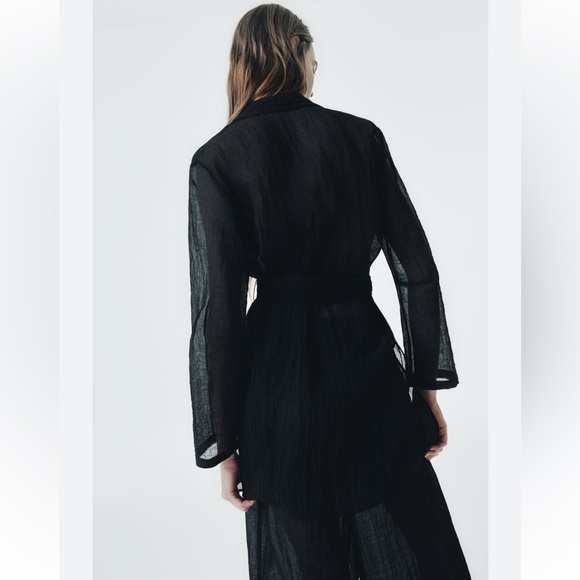 Zara Black Semi-sheer Minimalist Belted Blouse Relaxed long sleeves belt NWT - Picture 13 of 16